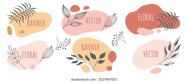 Set of modern banners in liquid design with black line organic plants. Vector Flat geometric shapes of different colors. Trendy dynamic elements in boho style.