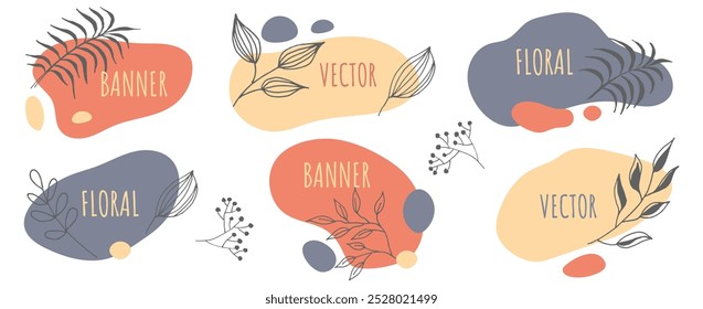 Set of modern banners in liquid design with black line organic plants. Vector Flat geometric shapes of different colors. Trendy dynamic elements in boho style.