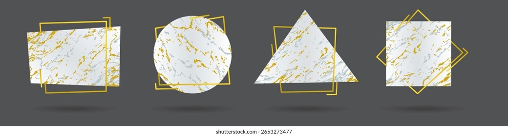 Setzen Sie moderne Banner mit Marmortextur und goldenen Linien. Vektorgrafik.
