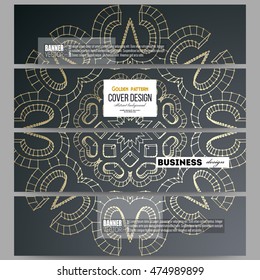 Set of modern banners. Polygonal backdrop with golden connecting dots and lines, connection structure. Digital scientific background