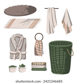 set of modern bathroom decor items, bathroom items, robe, laundry basket, towels, bath mat, plants and other decor. Vector illustration on white background