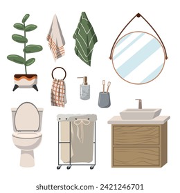 set of modern bathroom decor items, bathroom items, a laundry basket, towels, a brush, washcloths, soap and other decor. Vector illustration on white background