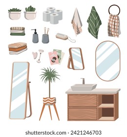 set of modern bathroom decor items, bathroom items, washbasin, laundry basket, towels, bath mat, mirror, plants and other decor. Vector illustration on white background