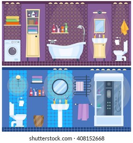 Set of modern bathroom interior in flat style. Home design. Bathtub and shower, toilet and cabinet, sink and mirror, lamps and towels. Vector illustration