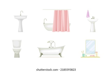 Set of modern bathroom objects. Bathtub, sink and toilet bowl accessories vector illustration