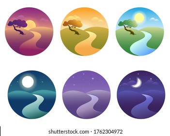  Set of modern beautiful landscape with gradients. sunrise, dawn, morning, day, noon, sunset, dusk and night icon.  