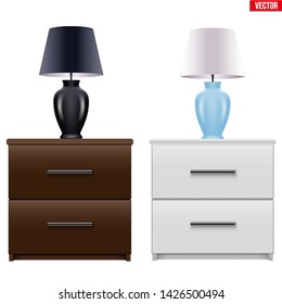 Set of Modern bedside nightstand with Table Lamp. Wooden Bedside cabinet with two drawers. Brown and White color. Vector Illustration isolated on white background