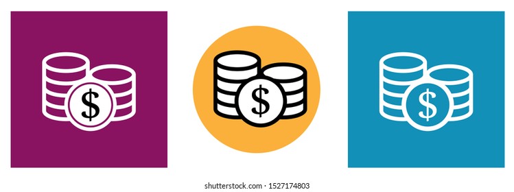 Set of modern big coin icons in different colors. Pile of coins in yellow circle, red and blue square. Linear icon.