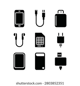 Set of modern black electronic gadgets and cables arranged in a clean flat lay composition.