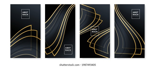 Set of modern black and gold abstract background for banner, presentation design, flier, poster. Vector illustration with futuristic minimalist corporate concept, golden line, wave style