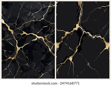  Set of Modern black and gold marble backgrounds, granite texture, elegant dark card design for birthday invite, wedding, wall art, cover. Vector realistic illustrations.