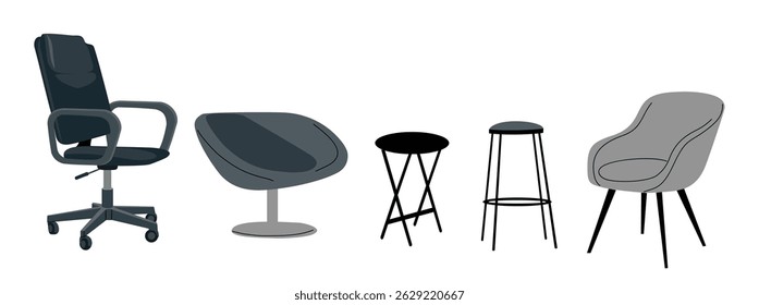 Conjunto de sillas de oficina modernas negras y grises, sillones y taburetes. Colección de muebles contemporáneos en estilo Vector plano. Aislado sobre fondo blanco, perfecto para proyectos de diseño