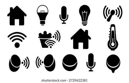 A set of modern black and white vector icons representing smart home technology, including houses, lights, microphones, and Wi-Fi signals.
