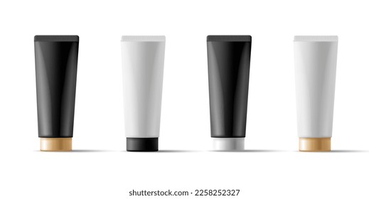 Set of modern blank black and white tubes with a gold lid for cosmetics, medical, gel, lotions. Luxury design for men and women. Packaging for product design on a white background.