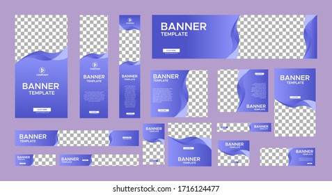 set of modern blue banners of standard size with a place for photos. Business ad banner. Vertical, horizontal and square template with gradient blue color.