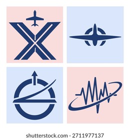 Un conjunto de iconos de aviación de Vector azul moderno con siluetas abstractas de aeronaves, símbolos de navegación e Formas dinámicas inspiradas en el vuelo en un estilo geométrico limpio. Un conjunto de iconos de aviación de Vector azul moderno con siluetas abstractas de aeronaves, símbolos de navegación e Formas dinámicas inspiradas en el vuelo en un estilo geométrico limpio.
