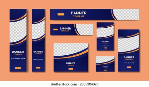 Set Of Modern Blue Web Banners Template Design In Standard Sizes.  Ad Banner Size Template For Sales Promotion And Advertising