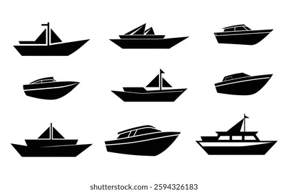 Set of Modern Boat and Ship Silhouettes vectore icon