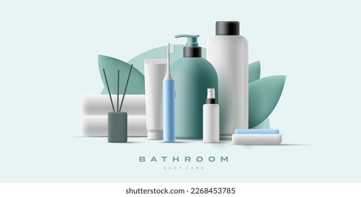 El cuarto de baño está equipado con productos de aseo modernos 3d. Composiciones de champú, gel, spray, jabón, pasta y cepillo de dientes, palos y toallas de aroma, con elementos de hojas.
