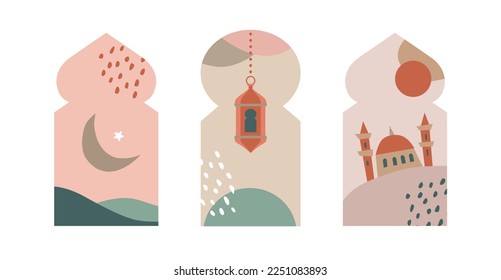 Conjunto de tarjetas de felicitación boho modernas, plantillas de invitación, ventanas. Fiesta musulmana Ramadan Karrem. Fondo geométrico de moda a mano con, luna, linterna y mezquita. Eid al Adha, Eid ul Fitr.