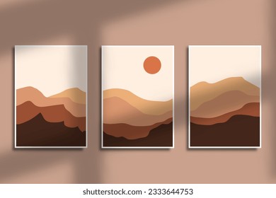 Set of modern boho minimal landscape aesthetic illustration poster design, hand drawn mountain landscape