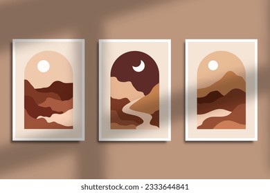 Set of modern boho minimal landscape aesthetic illustration poster design, hand drawn mountain landscape
