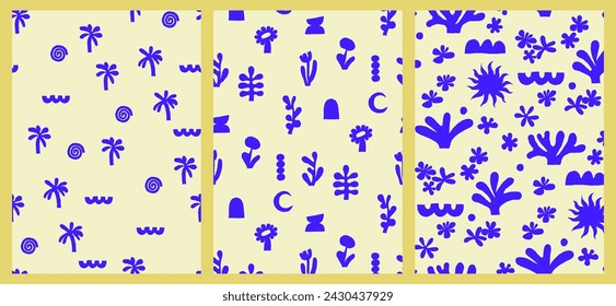 Set of Modern boho seamless pattern, palm, fish, cactus and flower