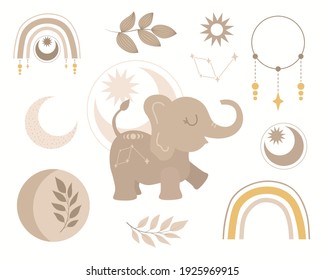 set of modern boho style. Vector hand drawn boho clipart for nursery. Safari animal. Perfect for baby shower, birthday, children's party.  Bohemian elements. Cute elephant, rainbows