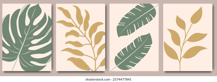 Set of modern botanical posters featuring tropical leaves with minimalist design and earthy tones. Design for Eco packaging, interior, cover, wall art, wallpaper, market.