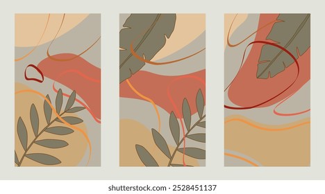 Set of modern botanical vector colorful earthy warm abstract background. Suitable design for web backgrounds, social stories, print, cover, wallpaper, wall arts, stationery, branding, packaging.