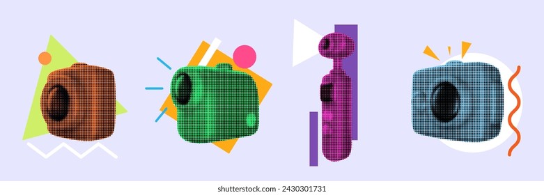 Set modern bright collage composition. Minimal concept design for branding, advertising with halftone action camera in fashion pop art style. Vector illustration.