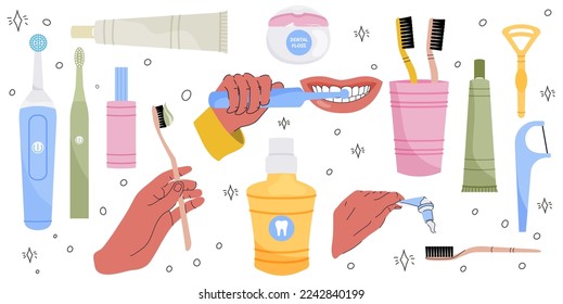 Conjunto de ilustraciones modernas, luminosas y coloridas, de estilo groovy. Ilustración de material vectorial. Fondo blanco. aislado. Dentista. Odontología. cepillo de dientes, pasta dental, enjuague bucal, hilo dental