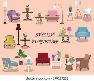 Set of modern bright furniture on light background. Stylish graphic chairs, lamps and tables with flowerpots. Flat style vector illustration.