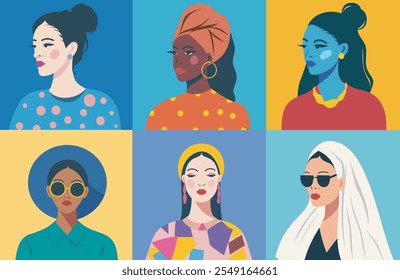 Conjunto de retratos de Vector luminosos modernos de avatares de mujeres para redes sociales de estilo plano y abstracción. Mujeres de diferentes culturas y nacionalidades
