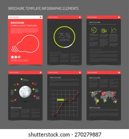 Set of modern brochure flyer design templates with graphs, charts and other infographic elements - red  and green dark version