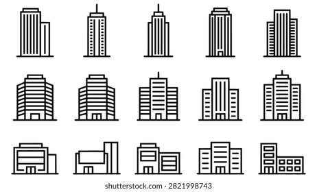 Set of modern building and skyscraper outline icons with building skyscraper architecture business structure apartment