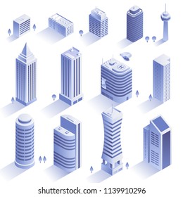 Set of modern buildings. City skyscrapers in isometric style isolated on white backround. Collection of urban architecture. Residential and office buildings. Vector eps 10.