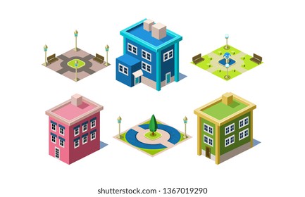 Set of modern buildings and urban parks with plants, benches and lanterns. City constructor elements. Isometric vector icons