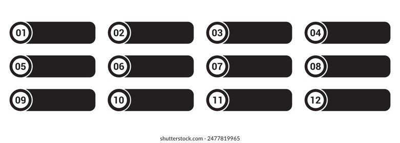 Set of Modern bullet points number 1 to 12, Bullet points with with black stickers and cope space text boxes. Web element. Vector illustration.