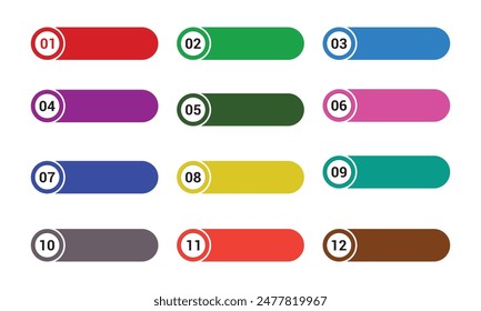 Set of Modern bullet points number 1 to 12, Bullet points with with color stickers and cope space, colorful text boxes. Web element. Vector illustration.