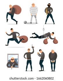 Set of modern burglar character in different crime situation