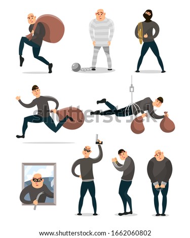 Set of modern burglar character in different crime situation