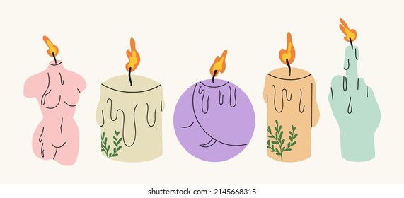 Un conjunto de velas modernas y ardientes de diferentes formas y colores. Una figura femenina, una luna, una vela con una planta, una vela en forma de mano. Diseño plano, dibujos a mano, ilustración vectorial.