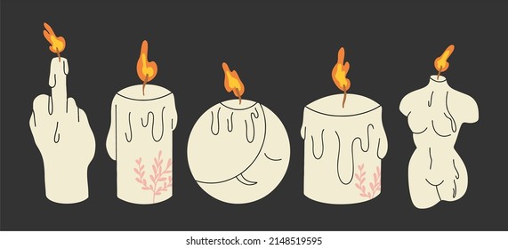 A set of modern burning candles of various shapes and colors. A female figure, a moon, a candle with a plant, a candle in the shape of a hand. Flat design, hand drawn cartoon, vector illustration.