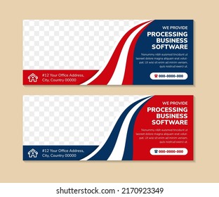 Conjunto de plantillas de banner de negocios modernas para procesar software de negocios. Banners rojos y azules con iconos de negocios. espacio para la foto. Banner de negocio de publicidad horizontal para el diseño web.