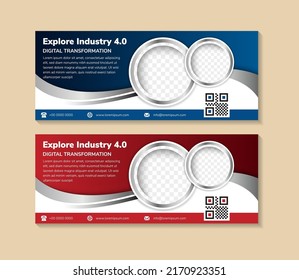 Set of Modern business banner template for explore industry 4.0. Red and Blue banners design with business icons. space for photo and text. Horizontal advertising business banner for web design.