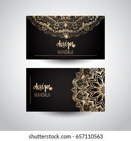 Set of modern business card templates with beautiful gold Indian ornament mandala.