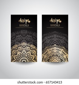 Set of modern business card templates with beautiful gold Indian ornament mandala.