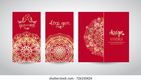 Set of modern business card templates with beautiful gold Indian ornament mandala. Hand lettering Love you.Can be used as wedding invitation.