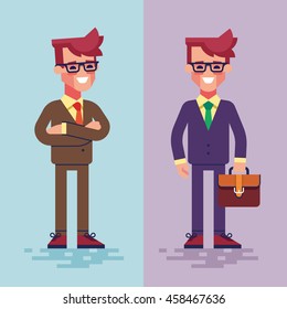 Set of modern business characters. Handsome businessman is standing in different poses. Young manager in formal suit with arms crossed and briefcase. Vector illustration in the flat style.